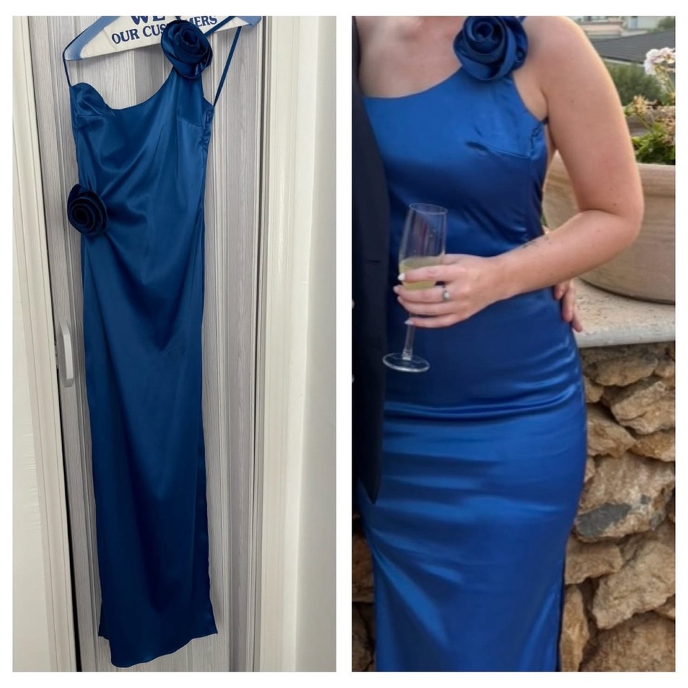 Elegant Blue Satin Dress with Floral Detail